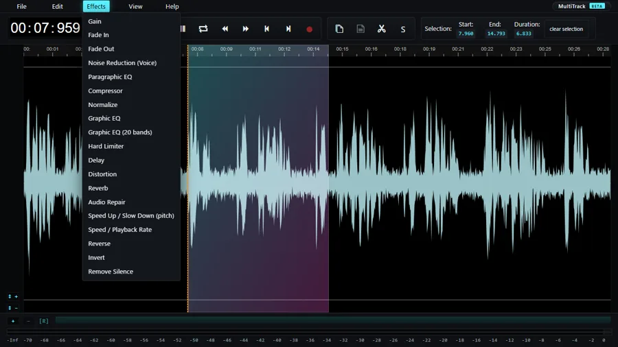 The AudioMass window: part of the waveform is highlighted as a selection, and the effects menu is open