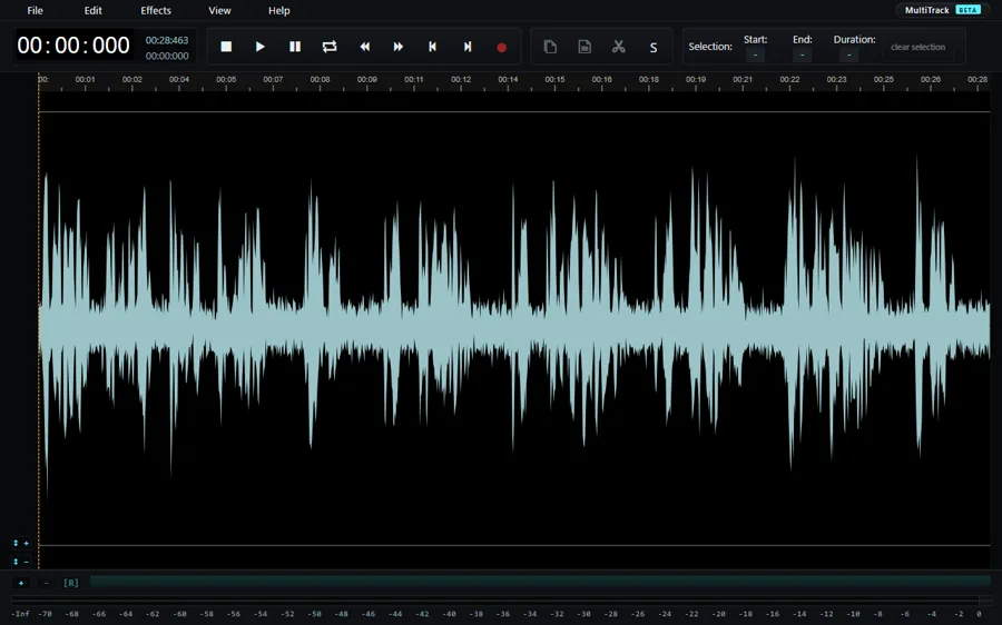 The AudioMass window with a 28-second recording loaded, drawn as a blue waveform across the full width