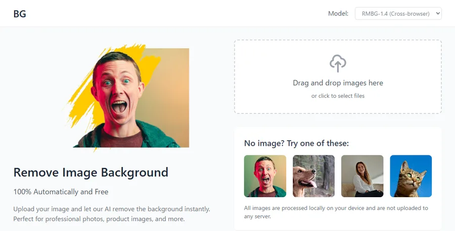 The opening screen of bg.addy.ie, with the heading Remove Image Background and a drop area