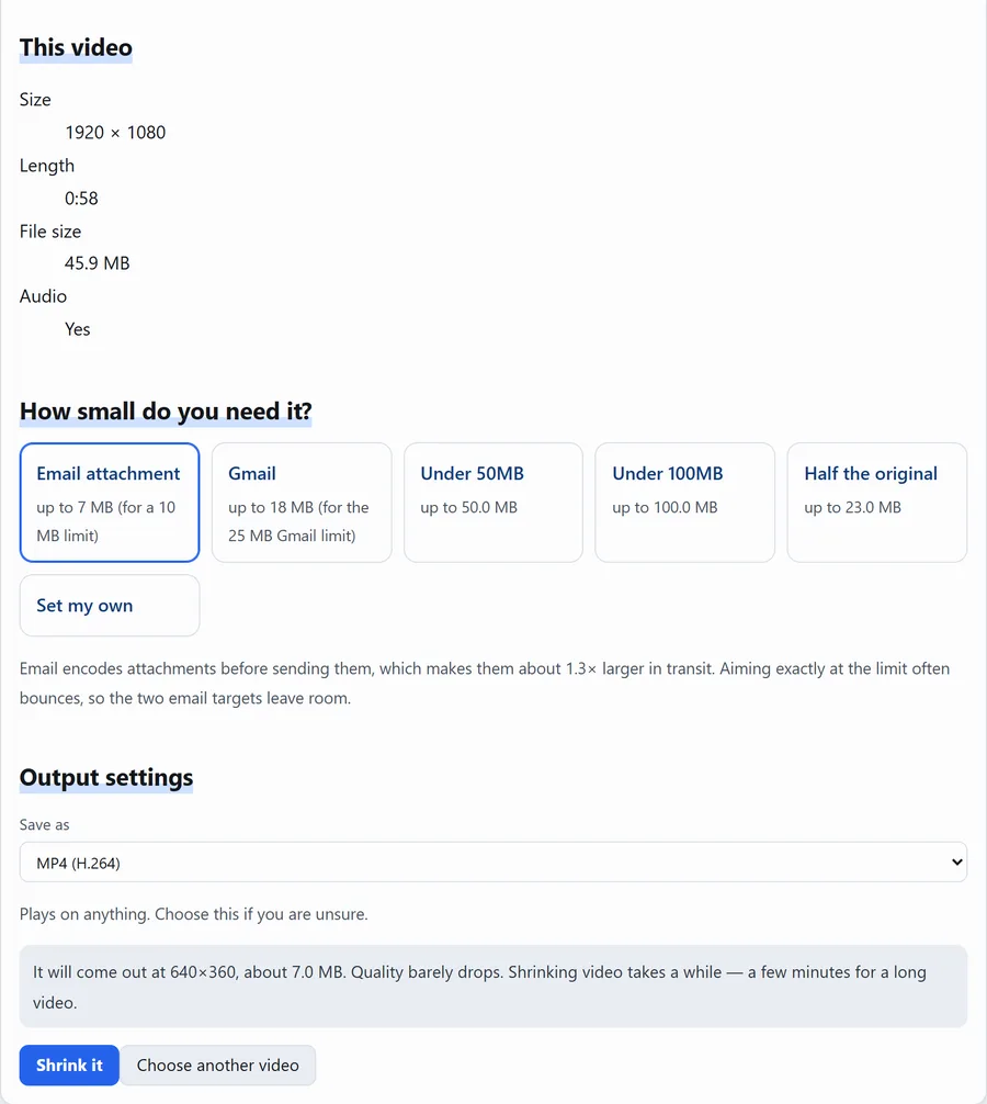 The compressor with a 45.9 MB video and the Email attachment target of 7 MB selected, predicting 640x360 at about 7 MB