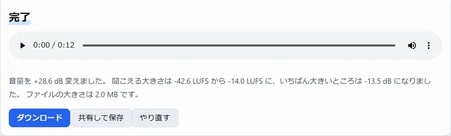 調整後の画面。音量を +28.6 dB 変えました、聞こえる大きさは -42.6 LUFS から -14.0 LUFS になりましたと表示されている