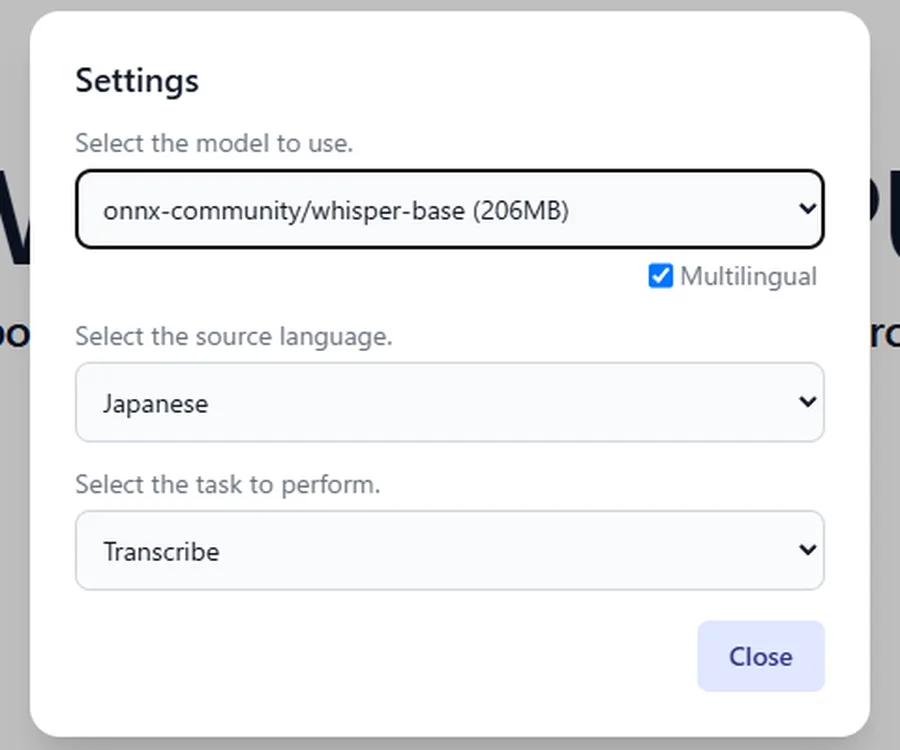 The settings panel with the model selector, a Multilingual checkbox, a language list set to Japanese, and the task set to Transcribe